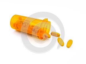 Yellow pills, drug or vitamin c spilling out of the orange medicine bottle  on white background.