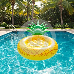 Yellow Pineapple Inflatable Pool Float in a Blue Swimming Pool
