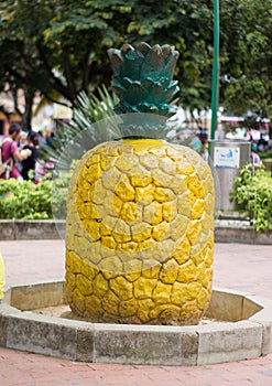 Yellow pineapple in the middle of a park photo