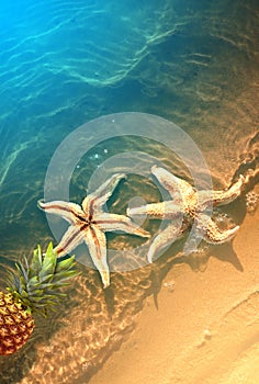 Yellow pineapple and starfish on a blue water background.