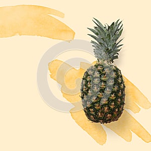 Yellow pineapple top view on the watercolor splash