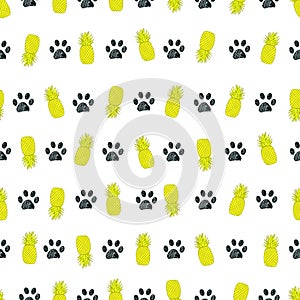 Yellow pineapples with paw prints summer time seamless fabric design pattern