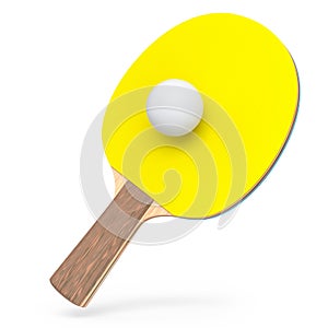 Yellow ping pong racket for table tennis with ball isolated on white background