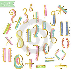 Yellow pink blue green gold colorful ink alphabet letters