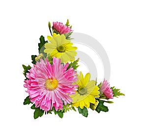 Yellow and pink chrysanthemum flowers in a corner floral arrangement isolated