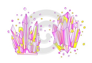 Yellow and pink crystal, cartoon cute vector Quartz illustration. Quartz Crystal druse, pink princess grain on white