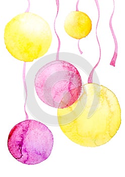 Yellow and pink festive balls on white, celebrative watercolor background