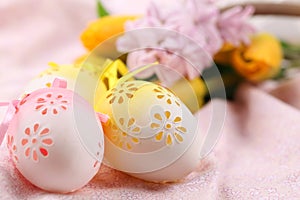 Yellow and pink flowery Easter eggs