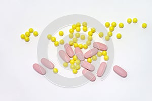 Yellow and pink pills for oral administration