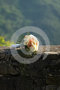 Yellow and pink roses wedding bouquet