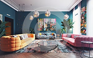 Yellow and pink sofa in room with dark blue walls. Pop art interior design of modern living room. Created with generative AI
