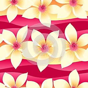 Yellow and pink tropical floral seamless pattern on wave backgro