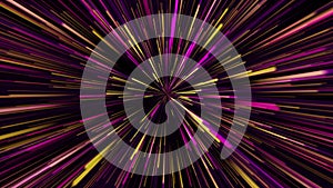 Yellow pink violet purple neon glowing rays star burst abstract background. Galaxy warp light speed motion. Colorful fireworks, bi