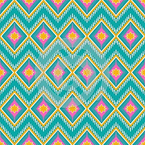 Yellow, Pink, White on Green Teal. Geometric ethnic oriental pattern traditional Design for background,carpet,wallpaper,clothing,