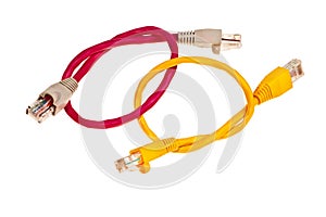 Yellow and pink wisted pair patchcords.
