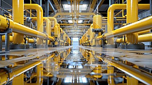 Yellow pipeline and machinery in industrial factory with reflections on the wet floor