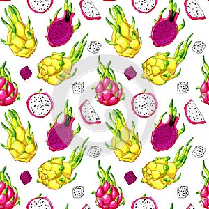Yellow pitaya and pink dragon fruit seamless pattern