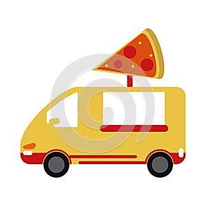 Yellow pizza delivery truck fast food