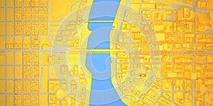 Yellow plain low poly modern downtown with river top view