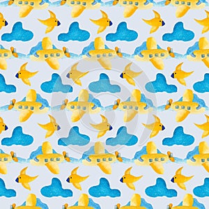 Yellow plane, clouds and birds, seamless pattern