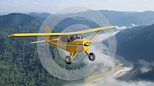 A yellow plane is flying over a mountain range. Generative AI
