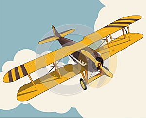 Yellow plane flying over sky with clouds in vintage color stylization.