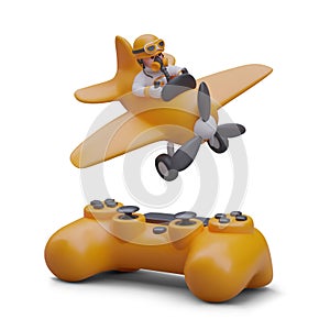 Yellow plane with pilot, gamepad. 3D vector illustration. Concept of virtual game