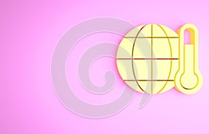 Yellow Planet earth melting to global warming icon isolated on pink background. Ecological problems and solutions -