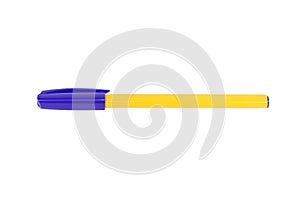 Yellow plastic disposable ballpoint pen with blue cap isolated on white background