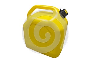 Yellow plastic gas canister isolated on a white background. Canister for gasoline, diesel and gas. Storage tank. Plastic canister