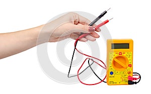 Yellow plastic multimeter, electric tester tool. Isolated on white