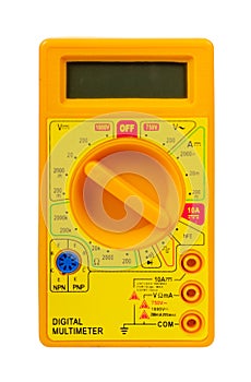 Yellow plastic multimeter, electric tester tool. Isolated on white