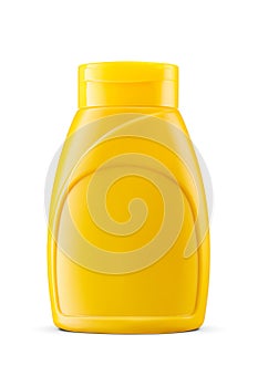 Yellow plastic mustard bottle with snap top cap isolated on white background