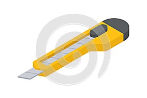 Yellow plastic stationery knife with sharp blade isometric vector illustration. Paper cutter steel