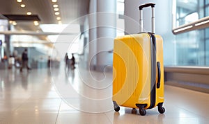 yellow plastic suitcase for travel in airport at terminal hall