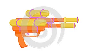 Yellow plastic toy weapon with handle and water container, side view of funny pistol to play space games with jokes