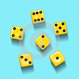 Yellow playing dice, on a blue background. Gambling, poker, board games.