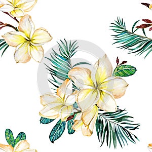 Yellow plumeria flowers and exotic palm leaves on white background. Seamless tropical pattern. Watercolor painting.