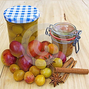 Yellow Plums and Plums in Glass Jars