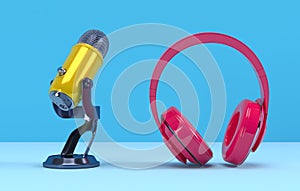 Yellow PODCAST Microphone and pink headphone on blue background. Entertainment and online video conference concept. 3D