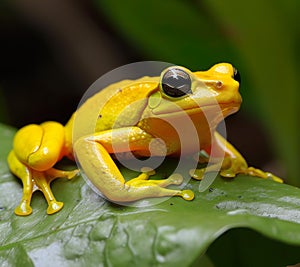 Yellow poison Phyllobates terriblis frog perched on vibrant green leaf