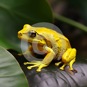 Yellow poison Phyllobates terriblis frog perched on vibrant green leaf,