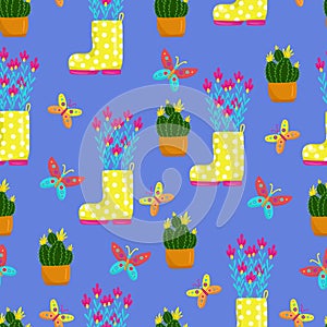 Yellow polka dot boots filled with flowers, butterfly, cactus in a pot blooms with yellow flowers, seamless floral