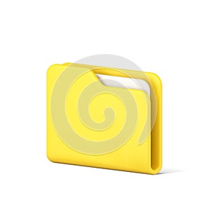 Yellow portfolio folder 3d icon. Information plastic file with documentation