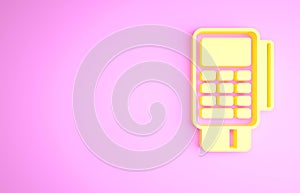 Yellow POS terminal with inserted credit card and printed reciept icon isolated on pink background. NFC payment concept