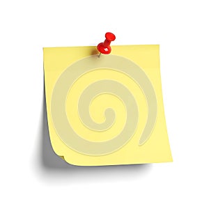 Yellow post-it note with red pushpin isolated on white background