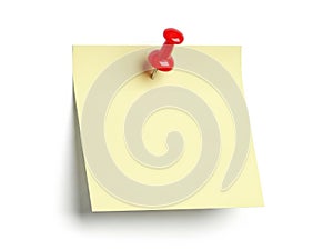 Yellow post-it note with red pushpin isolated on white background