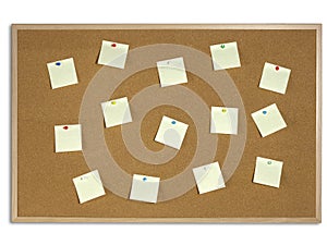 Yellow Post It Notes tacked on Cork Board