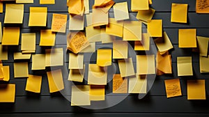 Yellow post-it notes on a wall. Shallow depth of field.