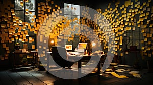 Yellow post-it notes on a wall. Shallow depth of field.